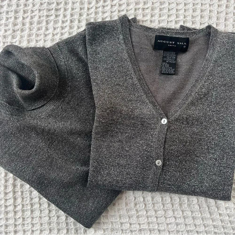 August Silk Shimmering Metallic Silver Knit Cardigan & Turtleneck Twinset SZ L - Picture 9 of 15